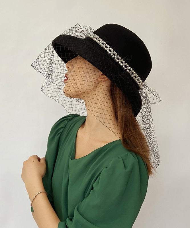 Elegant Black Nail Bead Mesh Woolen Cloche Hat