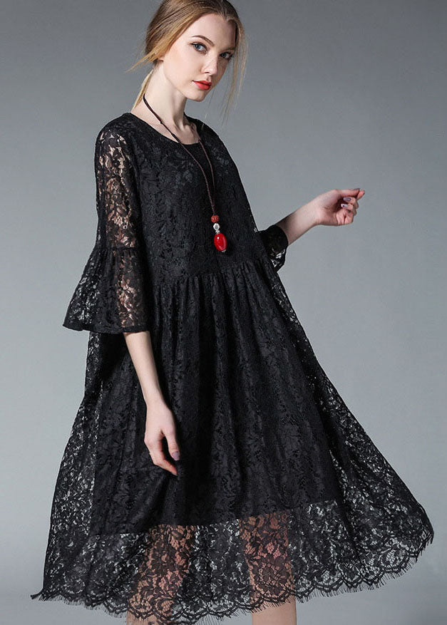 Elegant Black O-Neck Hollow Out Lace Party Dress Flare Sleeve – SooLinen