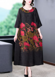 Elegant Black O Neck Print Patchwork Silk Long Dress Summer