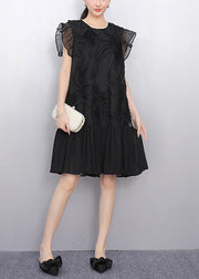 Elegant Black O Neck Wrinkled Tulle Patchwork Dress Summer