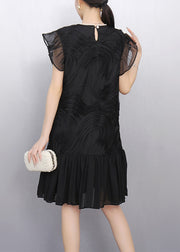 Elegant Black O Neck Wrinkled Tulle Patchwork Dress Summer