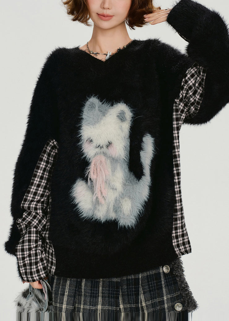 Elegant Black Oversized Patchwork Fuzzy Fur Fluffy Knit Sweater Winter