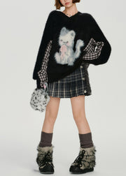 Elegant Black Oversized Patchwork Fuzzy Fur Fluffy Knit Sweater Winter