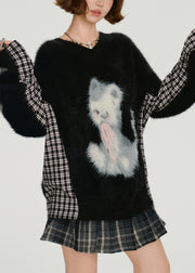 Elegant Black Oversized Patchwork Fuzzy Fur Fluffy Knit Sweater Winter