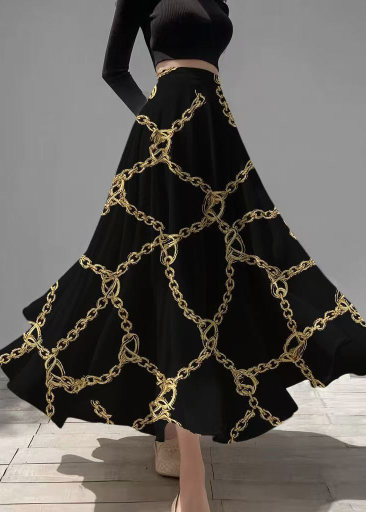 Elegant Black Print Exra Large Hem Chiffon Skirt Summer