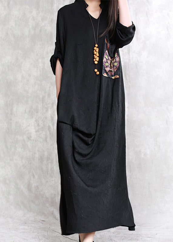 Elegant Black Print Patchwork Linen Maxi Dress Half Sleeve