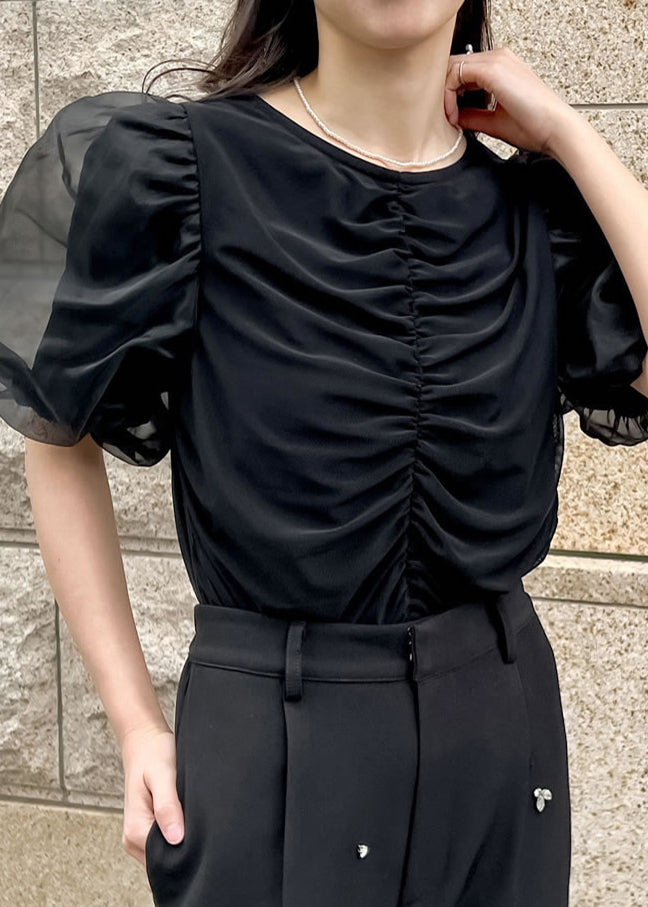 Elegant Black Puff Sleeve Wrinkled Cotton Tanks