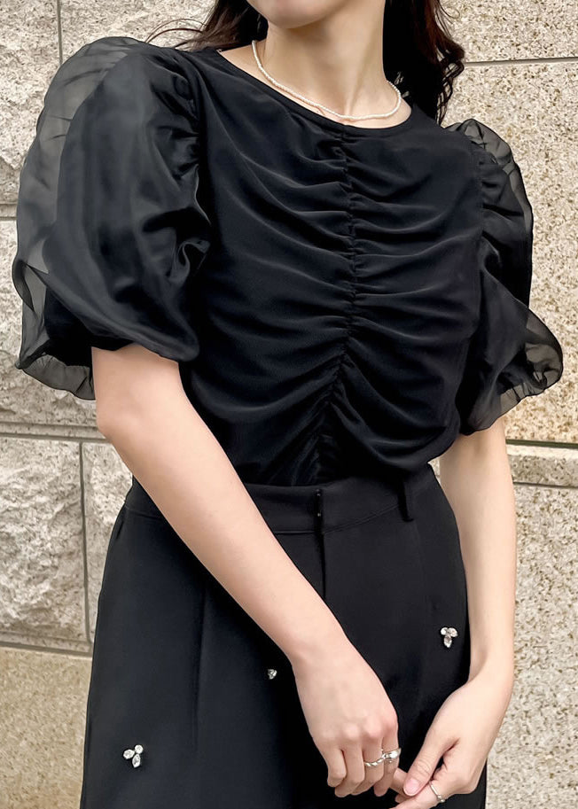 Elegant Black Puff Sleeve Wrinkled Cotton Tanks