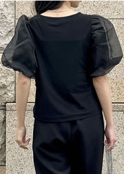 Elegant Black Puff Sleeve Wrinkled Cotton Tanks