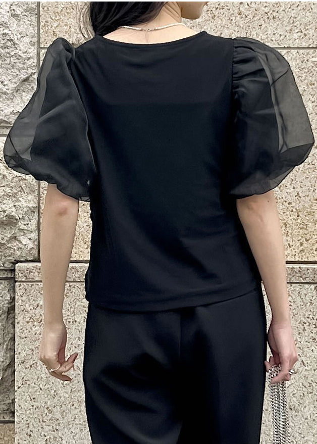 Elegant Black Puff Sleeve Wrinkled Cotton Tanks