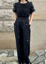 Elegant Black Puff Sleeve Wrinkled Cotton Tanks