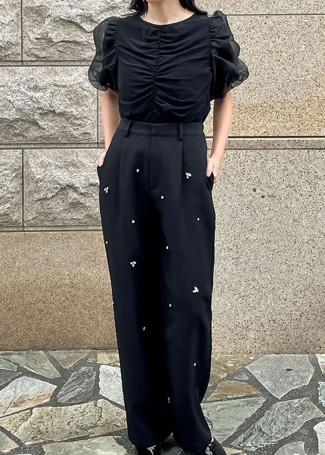 Elegant Black Puff Sleeve Wrinkled Cotton Tanks