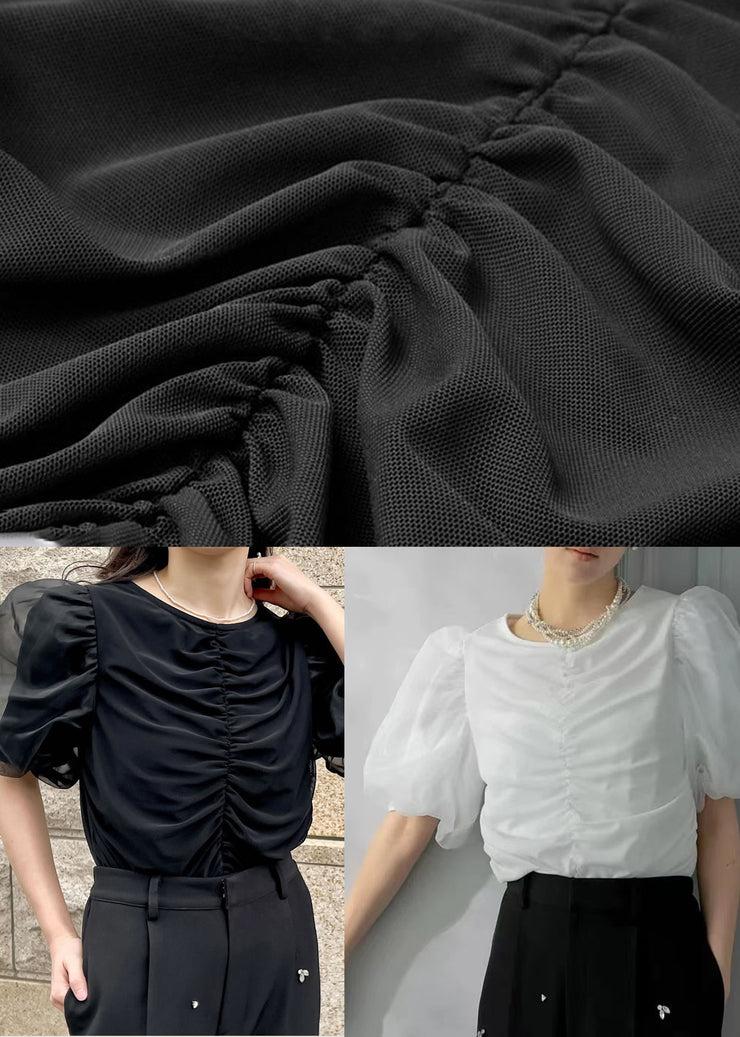 Elegant Black Puff Sleeve Wrinkled Cotton Tanks