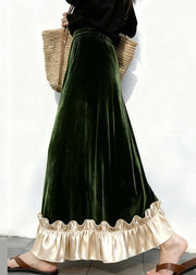 Elegant Black Ruffled Elastic Waist Patchwork Velour Skirt Winter