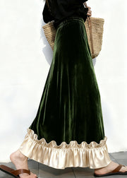 Elegant Black Ruffled Elastic Waist Patchwork Velour Skirt Winter