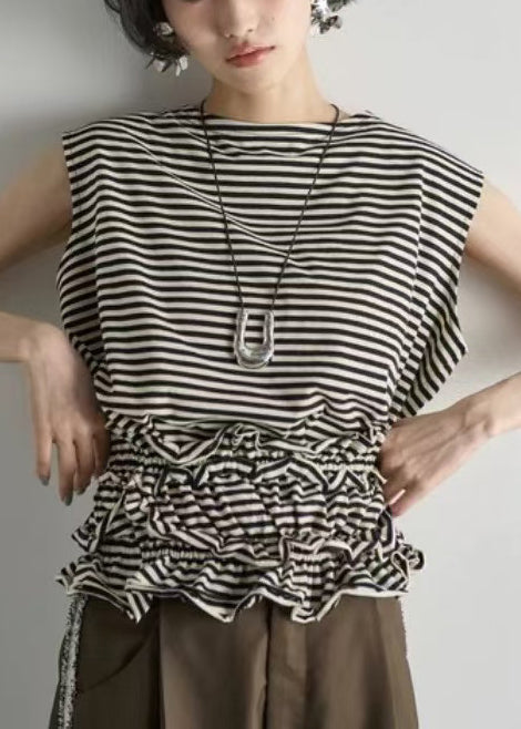 Elegant Black Ruffled Striped Cotton Beach Vest Summer