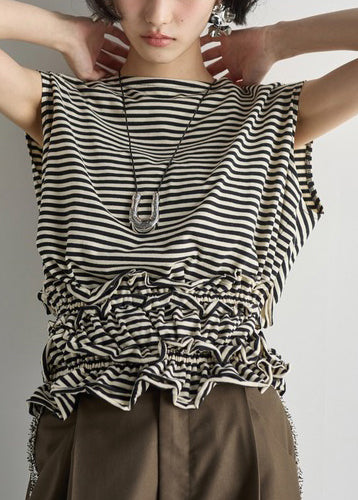 Elegant Black Ruffled Striped Cotton Beach Vest Summer
