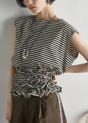 Elegant Black Ruffled Striped Cotton Beach Vest Summer