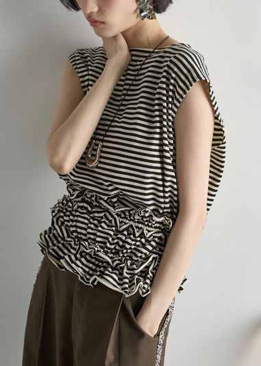 Elegant Black Ruffled Striped Cotton Beach Vest Summer