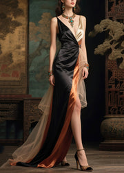 Elegant Black Side Open Patchwork Exra Large Hem Silk Vestidos Dresses Summer