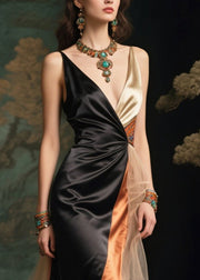 Elegant Black Side Open Patchwork Exra Large Hem Silk Vestidos Dresses Summer
