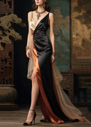Elegant Black Side Open Patchwork Exra Large Hem Silk Vestidos Dresses Summer