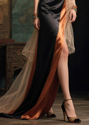 Elegant Black Side Open Patchwork Exra Large Hem Silk Vestidos Dresses Summer