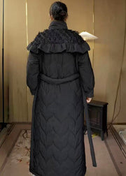 Elegant Black Stand Collar Ruffled Fine Cotton Filled Parka Winter