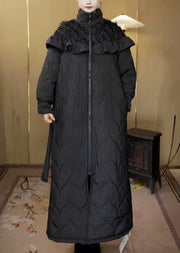 Elegant Black Stand Collar Ruffled Fine Cotton Filled Parka Winter