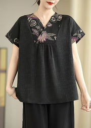 Elegant Black V Neck Patchwork Silk Shirt Tops Summer
