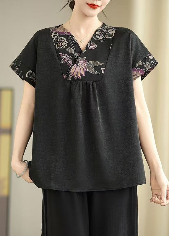 Elegant Black V Neck Patchwork Silk Shirt Tops Summer