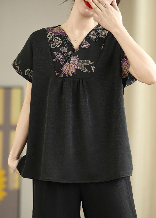 Elegant Black V Neck Patchwork Silk Shirt Tops Summer