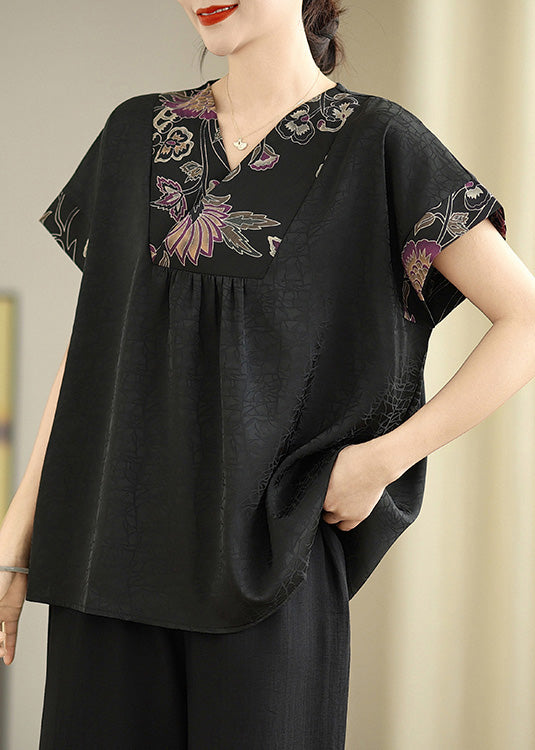 Elegant Black V Neck Patchwork Silk Shirt Tops Summer