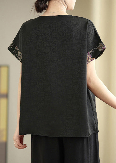 Elegant Black V Neck Patchwork Silk Shirt Tops Summer