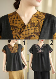 Elegant Black V Neck Patchwork Silk Shirt Tops Summer