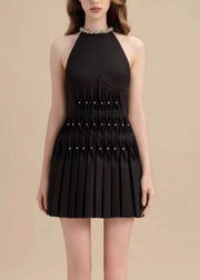 Elegant Black Zircon Pearl Cotton Pleated Dresses Sleeveless