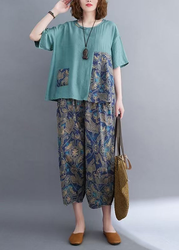 Elegant Blue Asymmetrical Patchwork Cotton Two Pieces Set Summer