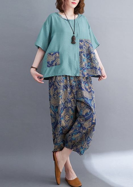 Elegant Blue Asymmetrical Patchwork Cotton Two Pieces Set Summer