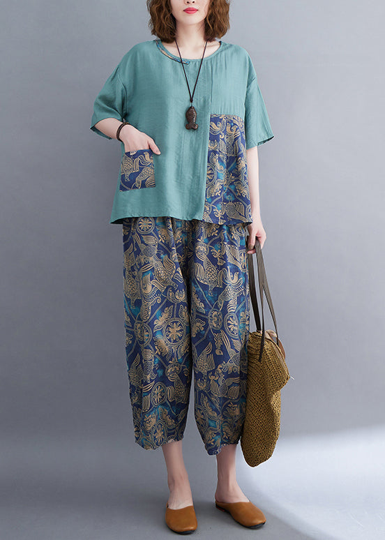 Elegant Blue Asymmetrical Patchwork Cotton Two Pieces Set Summer
