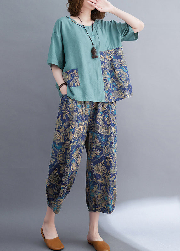 Elegant Blue Asymmetrical Patchwork Cotton Two Pieces Set Summer