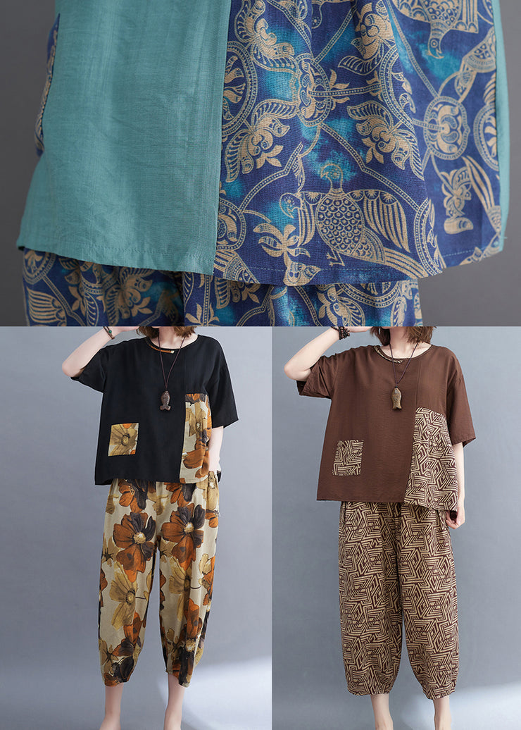 Elegant Blue Asymmetrical Patchwork Cotton Two Pieces Set Summer