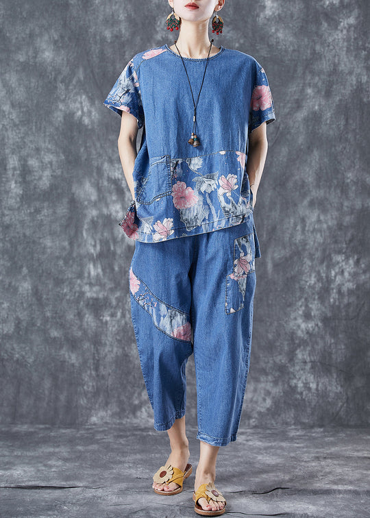 Italian Blue Hooded Patchwork Denim Two Pieces Set Summer main image 1