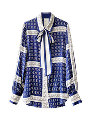 Elegant Blue Bow Print Wrinkled Silk Blouse Tops Spring