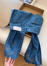Elegant Blue Embroidered Denim Crop Pants Trousers Fall