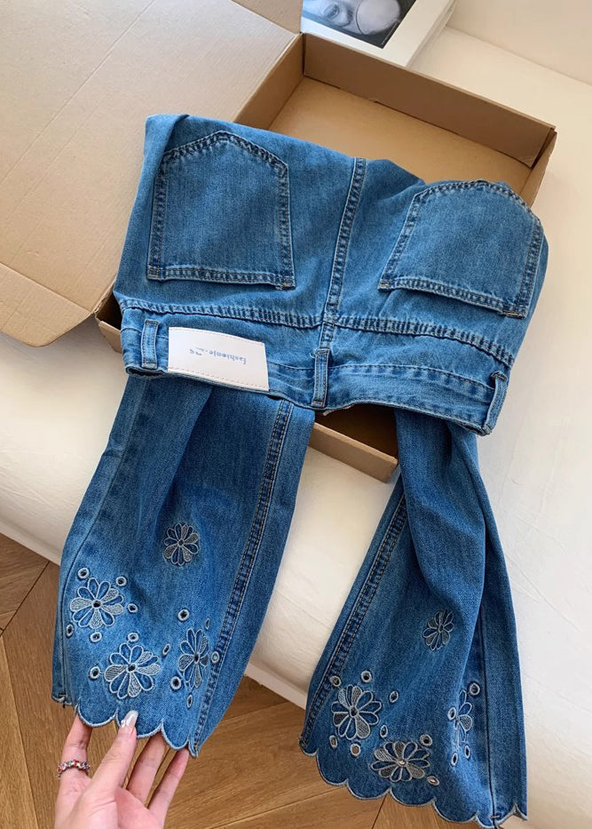 Elegant Blue Embroidered Denim Crop Pants Trousers Fall