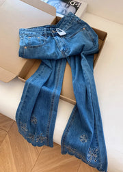 Elegant Blue Embroidered Denim Crop Pants Trousers Fall