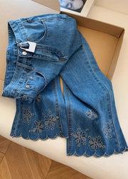 Elegant Blue Embroidered Denim Crop Pants Trousers Fall
