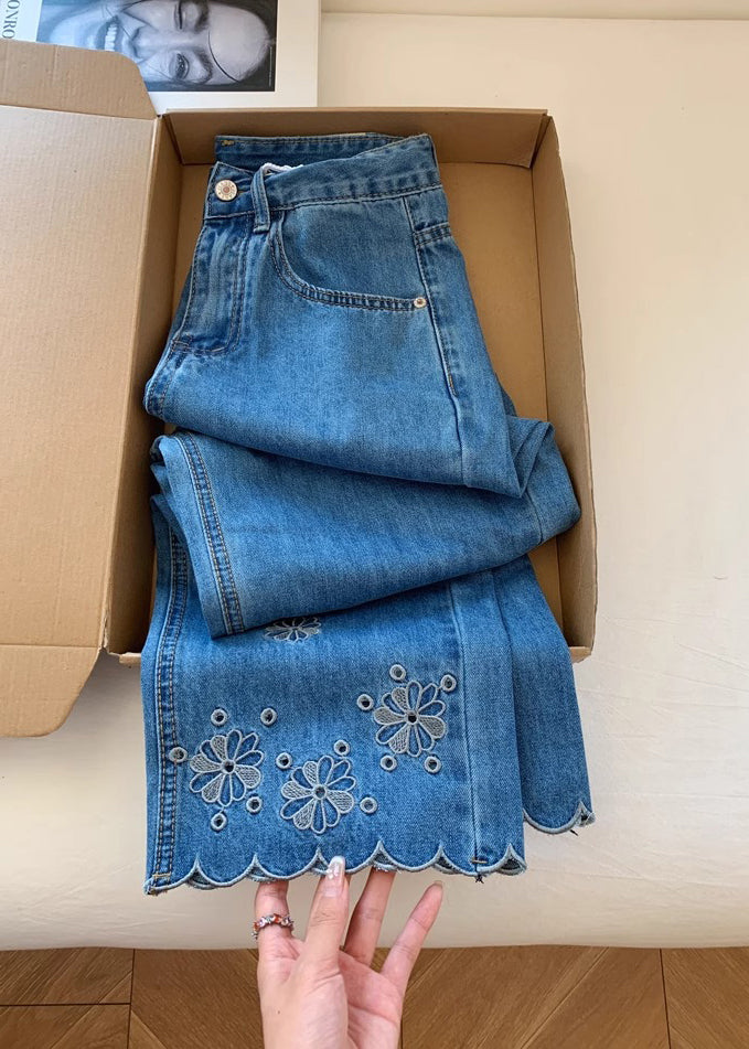 Elegant Blue Embroidered Denim Crop Pants Trousers Fall