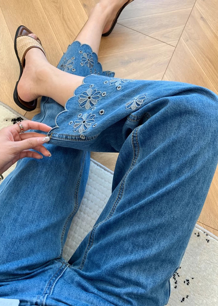 Elegant Blue Embroidered Denim Crop Pants Trousers Fall