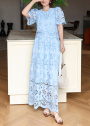 Elegant Blue Embroidered Hollow Out Cotton Two Pieces Set Summer
